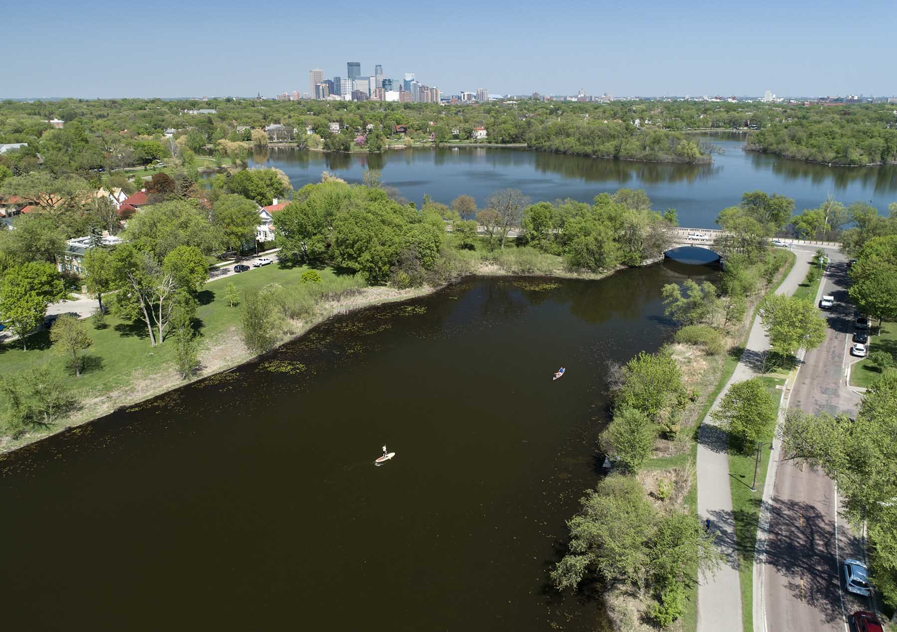 View of the Minneapolis skyline from Bde Maka Ska, a small lake Southwest of Minneapolis.